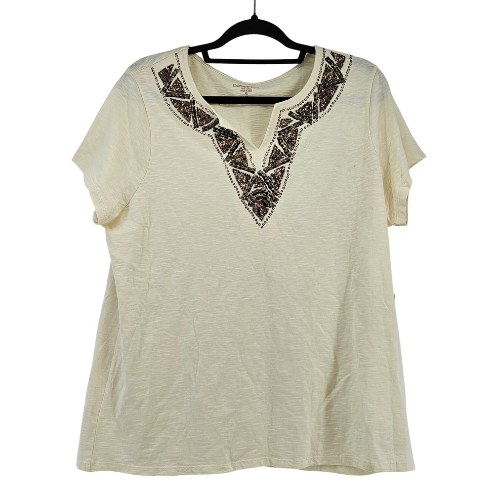 Coldwater Creek XL Boho Ivory Cotton Beaded Sequin Embellished Tee Casual‎ Chic